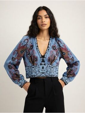 Cecilia Prado Blue Paisley Knit Crop Top Size L Anthropologie Brazil Made